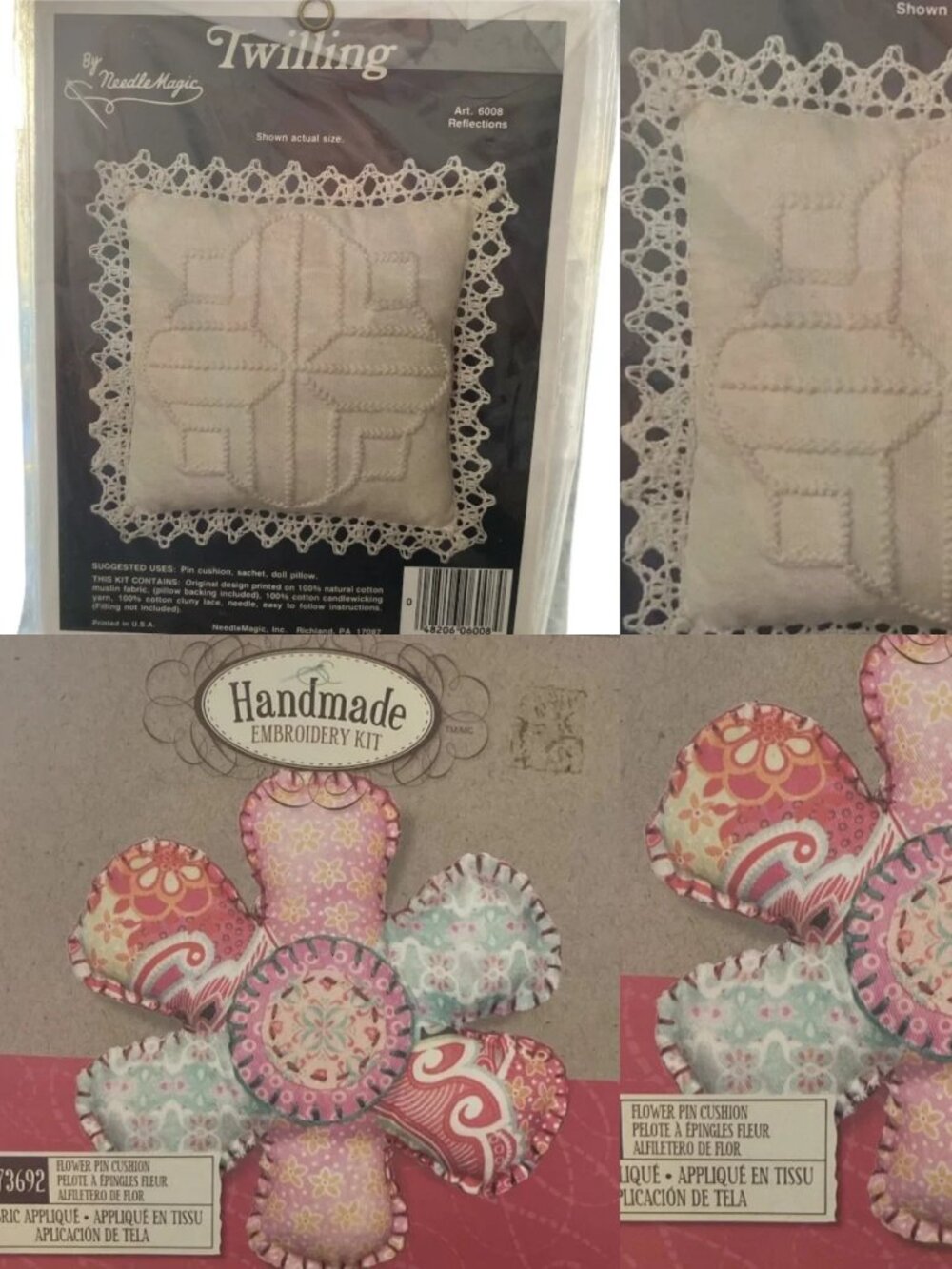 2 Craft KITS Embroidery Kit Flower Boho Applique & Twilling Sachet Pin Cushion